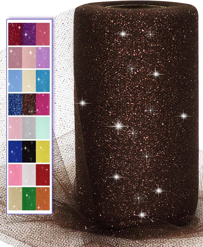 Ableme Deco Glitter Tulle Fabric Rolls, 6 Inch 50 Yards (150ft) Sparkling Spool Ribbon Sequin Netting for Tutu Skirt Gift Wrapping Wedding Party Decoration (Brown) - Image 1